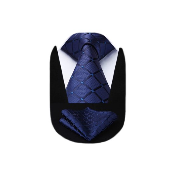 HISDERN Plaid Blue Tie Handkerchief Woven Classic Men's Necktie & Pocket Square Set,Navy Blue,One Size