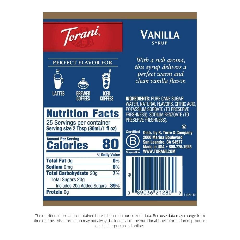 Pack of 6, Torani Vanilla Syrup, 25.4 fl oz