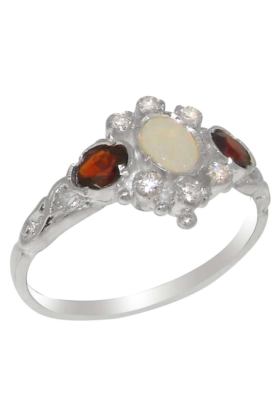 LBG English Made 10k White Gold Womens Ring Natural Opal Diamond Garnet Anniversary Ring - Size 7.5