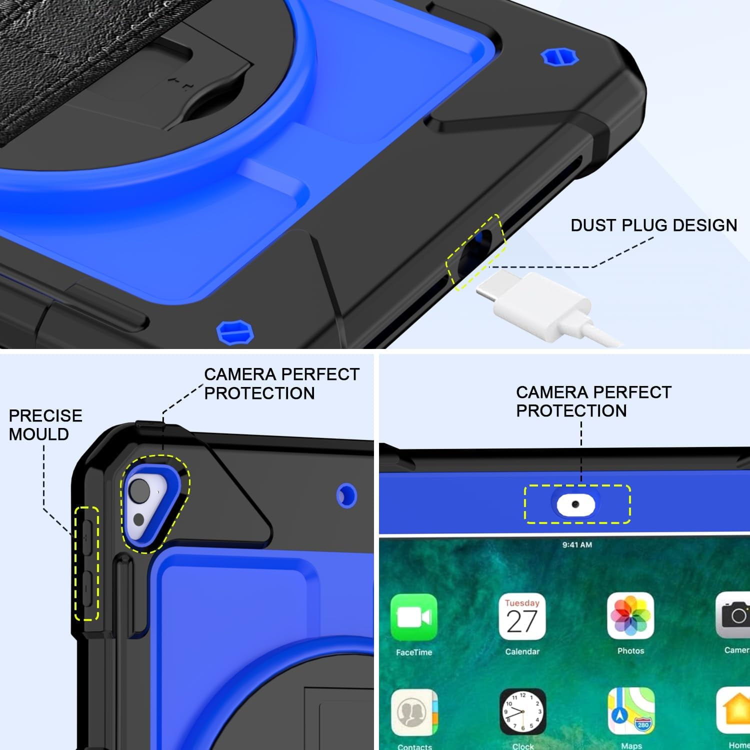 SUPNICE iPad 6th/5th Generation Case, iPad Air 2 Case, iPad 9.7 Case 2018/2017,iPad 9.7 Pro Case,Shockproof [360 Rotating Stand][Hand Strap][Pencil Holder] Case, Deep Blue