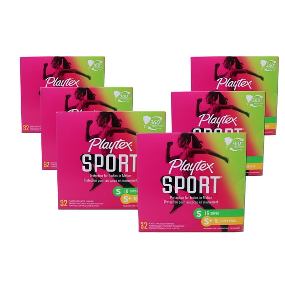 Playtex Sport Tampons Multipack: Super 16 Ct, Super Plus 16 Ct, 32 Total Tampons, Unscented - 6 Pack