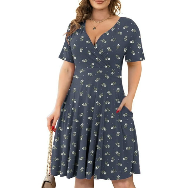TopLLC Robe d'Été Formelle pour Femme Grande Taille à Manches Courtes, Col en V, Florale, Courte, Robe de Soirée