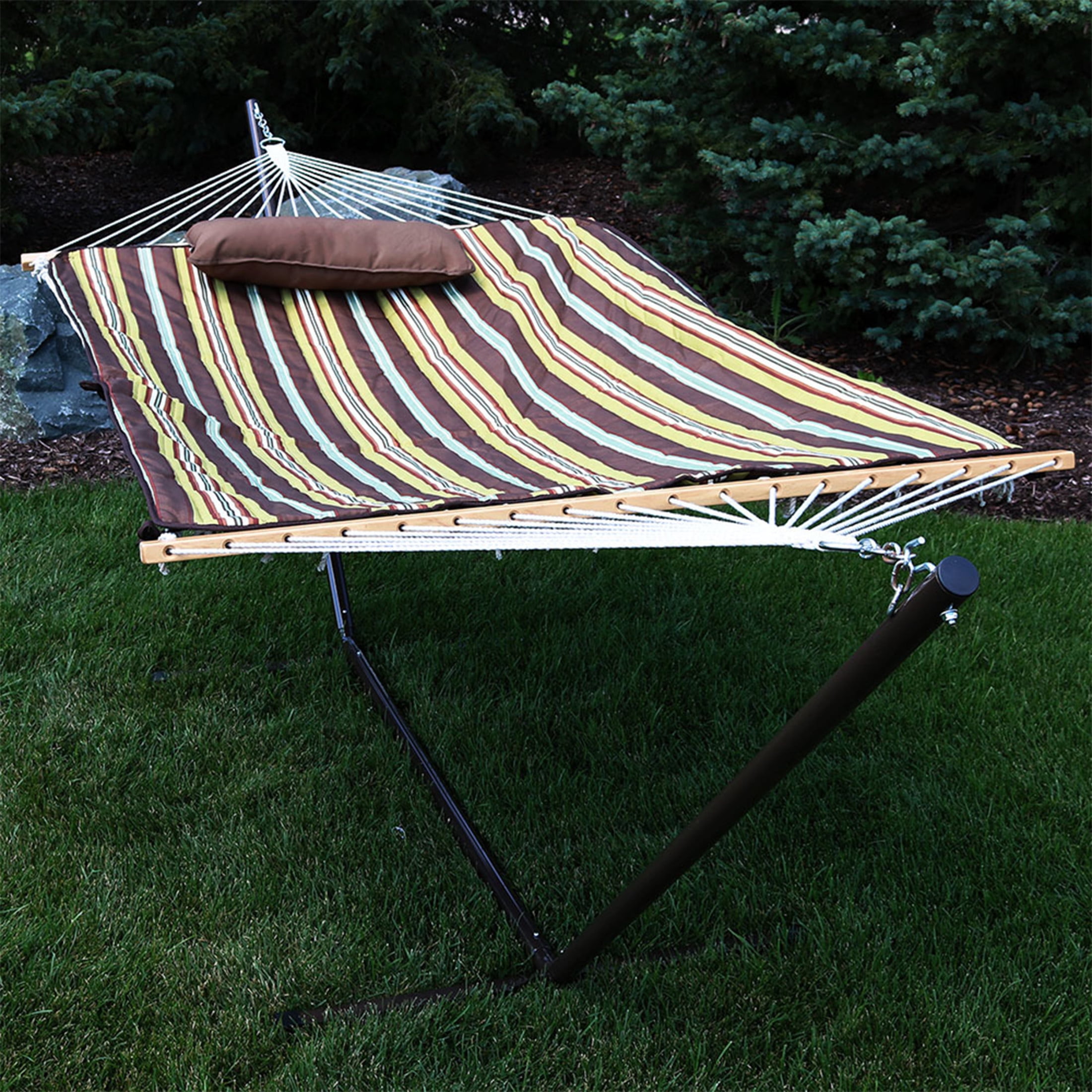 Sunnydaze 2-Person Polyester Rope Hammock with Stand and Pad, 275 lb Capacity - Desert Stripe