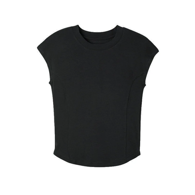 En stock, camiseta elegante adelgazante de manga corta blanca para mujer, top informal de cuello redondo, línea de hueso adelgazante de verano
