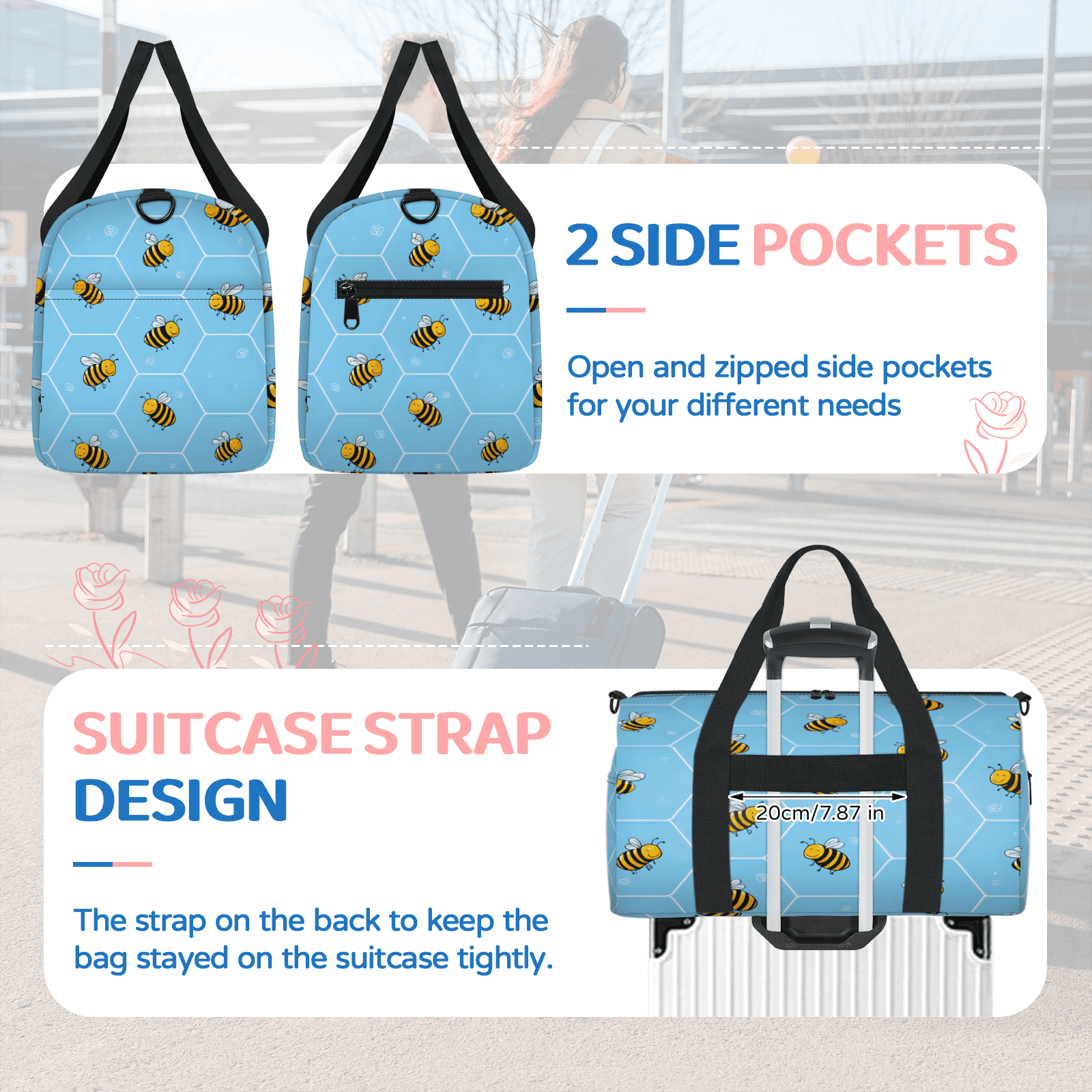 Herdesigns Cute Yellow Bee Gym Bag for Women, Duffle Bag for Travel Sport, Honeycomb Lightweight Waterproof Carry on Weekender Dance Yoga Workout Bags