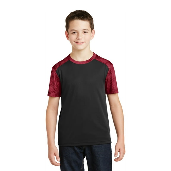 Sport Tek Teen Unisex Regular CamoHex Colorblock T-Shirt Black/Deep Red Small