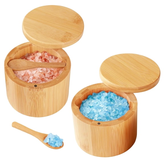 Bamboo Salt Cellar, 2 PCS Salt Container with Built-in Spoon, Salt Box Bowl with Magnetic Swivel Lid, Elegant Kitchen Salt Holder Saver Jar to Storage Pepper Spice Sea Salt for Countertop
