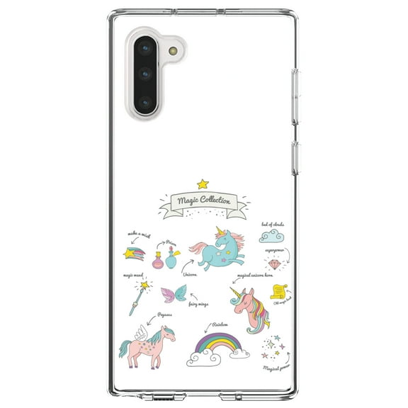 DistinctInk Clear Shockproof Hybrid Case for Samsung Galaxy Note 10 (6.3" Screen) - TPU Bumper, Acrylic Back, Tempered Glass Screen Protector - Magic Collection White - Unicorn, Rainbow