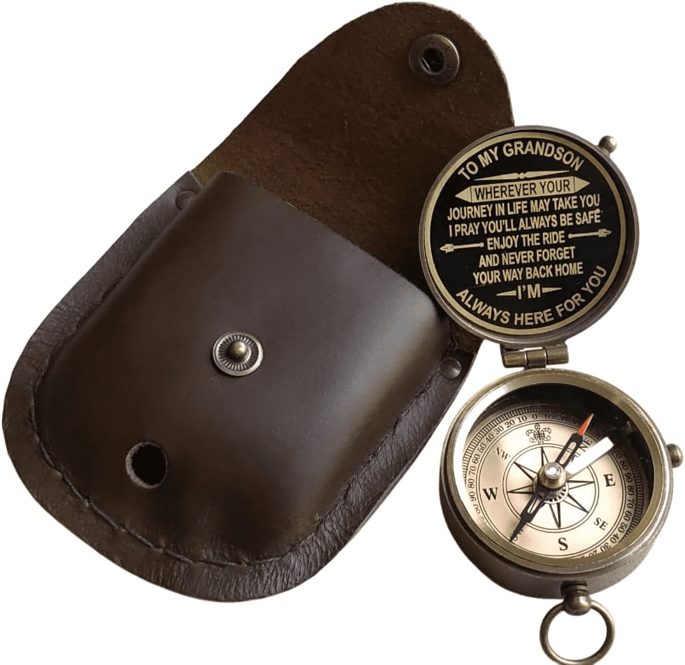 Gift for Grandson Brass Compass Engraved Quote | Memory Present to My Grandson Birthday, Baptism, Graduation, Confirmation, Love, Gift idea by Grandpa Grandma (Grandson - Always Here for You)