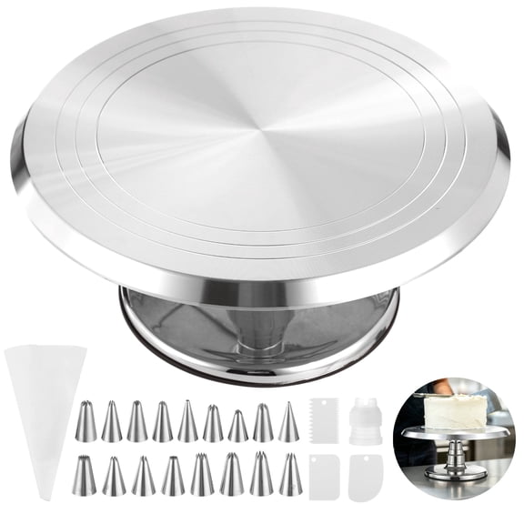 Aluminium Alloy Revolving Cake Stand Set, 12 in Cake Decorating Turntable with Piping Bag, 17 Piping Tips, 3 Plastic Scrapers, Coupler, Non Slip Rotating Platform for Baking and Decorating