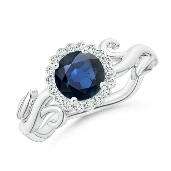 ANGARA Natural 1 Ct Vintage Inspired Sapphire Flower and Vine Ring in 14K White Gold for Women (Size-6mm) | September Birthstone, Anniversary, Jewelry Gift for Women | Natural Blue Sapphire Ring
