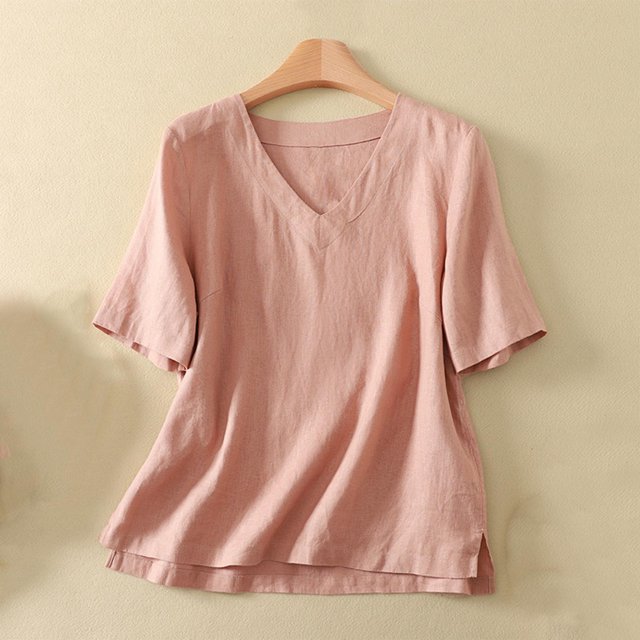 mfyjkho Tops Casuales Para Mujer, Blusas De Mujer De Color Liso Con Manga Corta, Escote En V Y Dobladillo Dividido, A La Moda Tops De Gimnasio Para Mujer M
