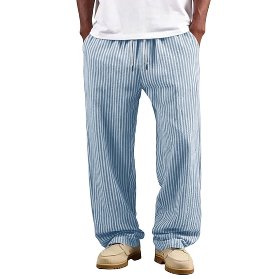 Men's Striped Relaxed Trousers, Drawstring Elastic Waist Pants, Lightweight Summer Casual Bottoms