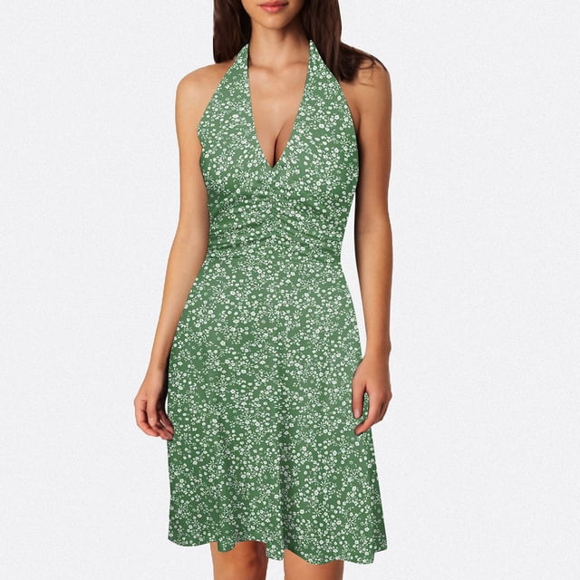 WILLBEST Vestidos Casuales para Mujer, sin Mangas, Cuello En V, Primavera, Bohemio, Floral, con Bolsillo, Cintura Elástica, Volantes, Mini Vestidos Extra Grande