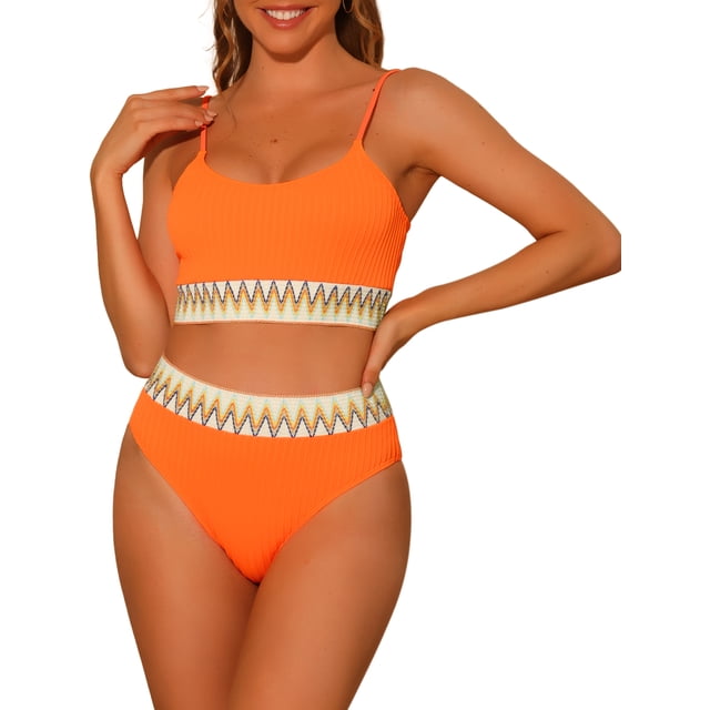 Conjuntos de bikini de dos piezas de talle alto para mujer, con tirantes ajustables y textura acanalada, traje de baño X-Large naranja