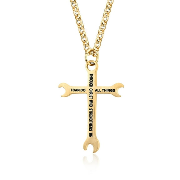 New Men Women Wrench Cross 14K Yellow Gold Necklace I CAN DO ALL THINGS Bible Verse, tool Pendant punk Jewelry Gift