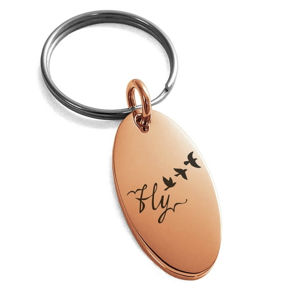 Stainless Steel Fly Away Engraved Small Oval Charm Keychain Keyring