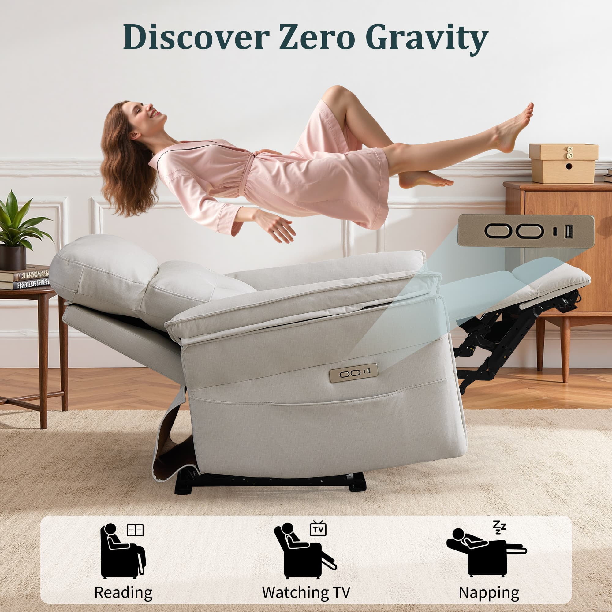 Korser Small Power Zero Gravity Recliner Chairs for Adults with USB&Type-C Ports for Living Room,Beige