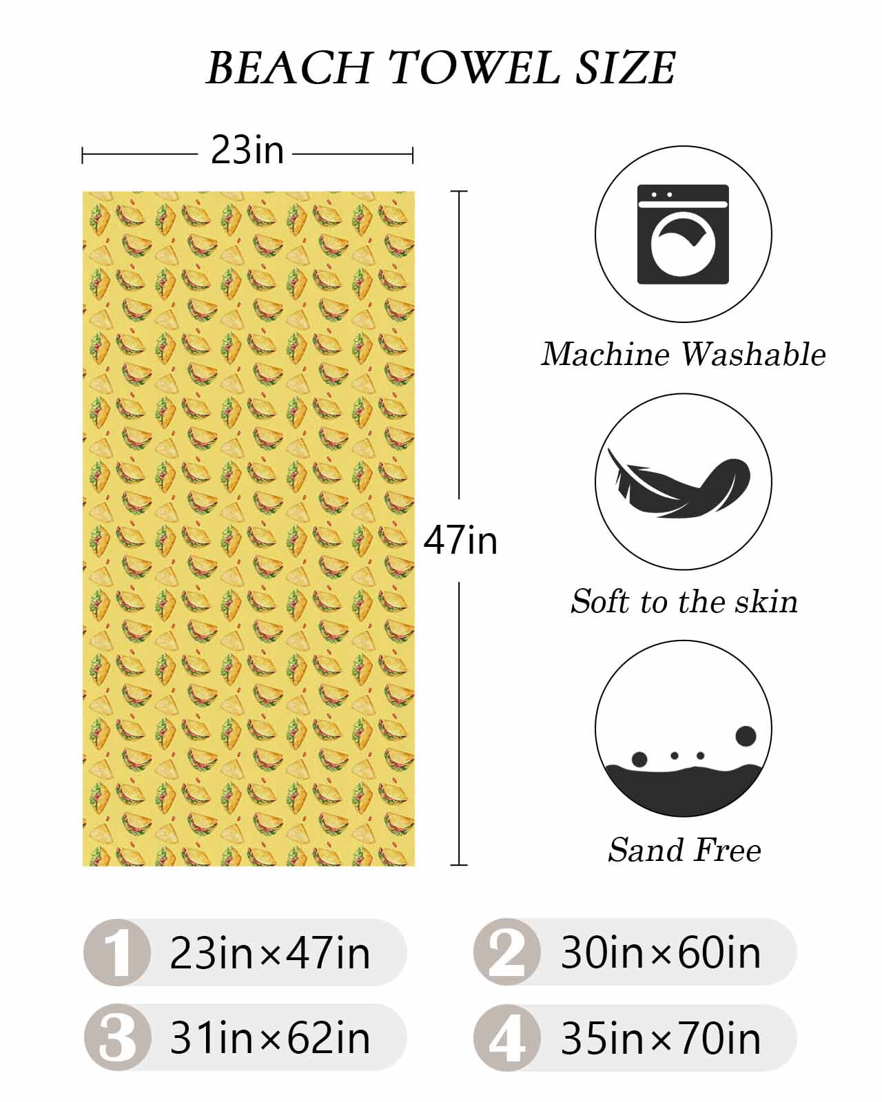Yellow Tacos Beach Towels Oversized Super Absorbent, Cheese Vegetables Cartoon Food Lightweight Bath Towel Quick Dry Sets For Bathroom/Pool/Rv Camping/Beach Play/Gym Room/Picnic 23"x47"