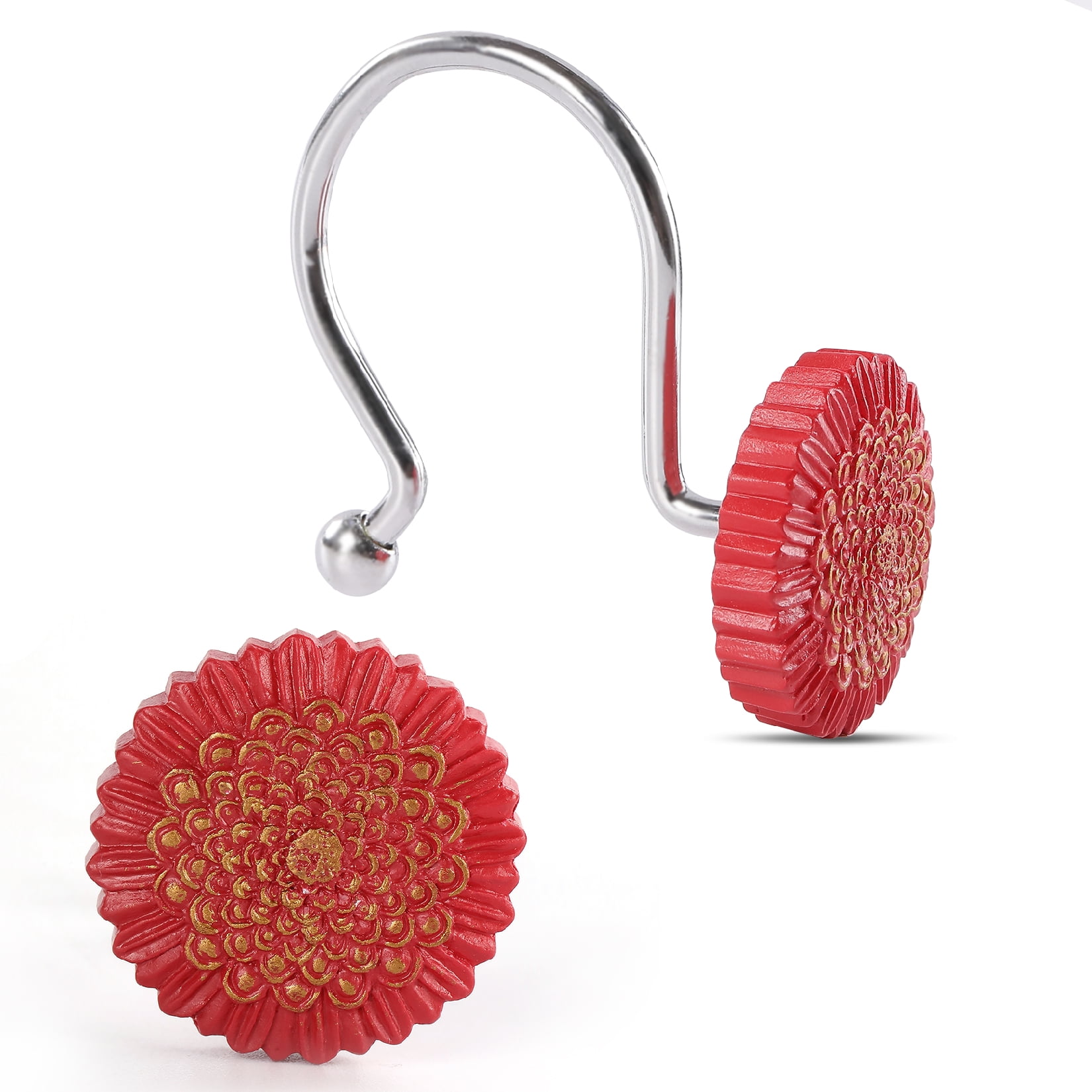 Red Aluminum Shower Curtain Hooks, Rust Proof Decorative Resin Flower Shower Curtain Rings