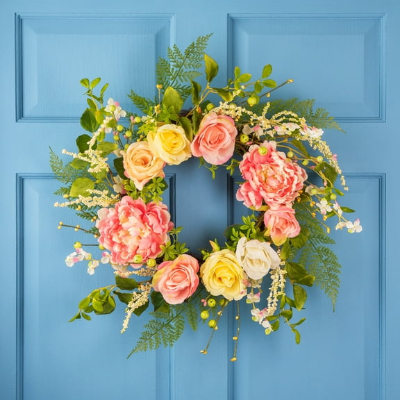 Northlight Rose and Peony Artificial Floral Spring Wreath, Pink and Yellow - 22-Inch
