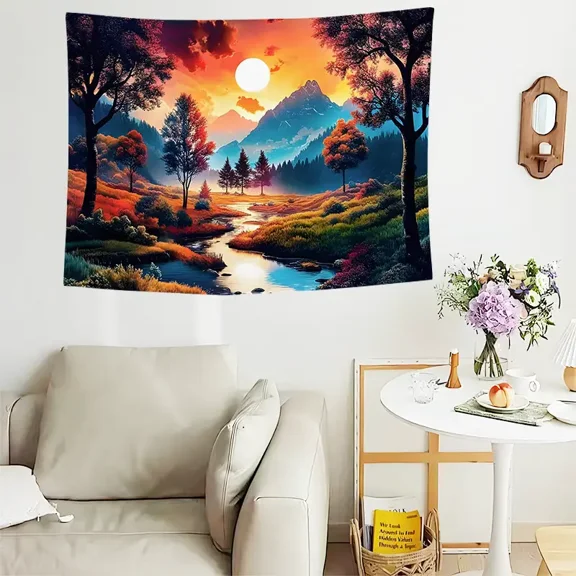 Sunset Mountain Landscape Tapestry - Vibrant Nature Scenery Wall Hanging with River and Forest, Boho Aesthetic Art for Bedroom, Living Room, Dorm Decor - 37x29 Inches