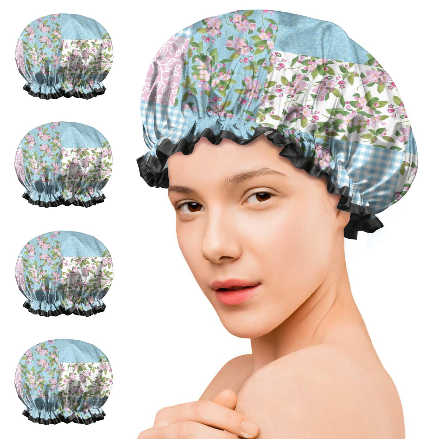 Shower Caps,Pioneer Flower Floral Print Pattern Waterproof Shower Cap for Women 4 Pieces,Double Reusable Hair Cover for Shower PEVA Elastic Stretch Hem