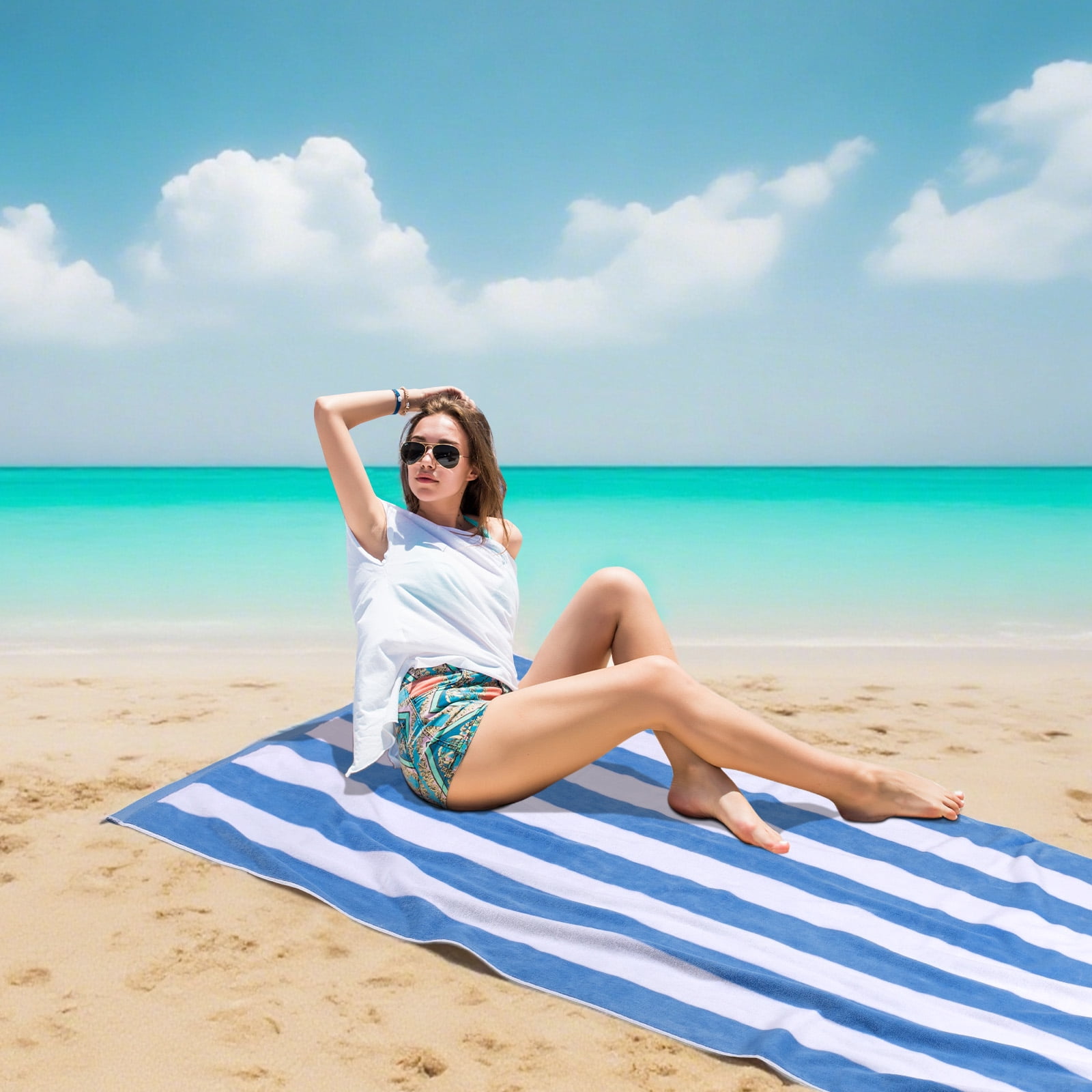 Ouxiaobai Cotton Oversized Beach Towel - 35 x 70 Inch Large Size Pool Towel, Striped Cabana Swim Towel
