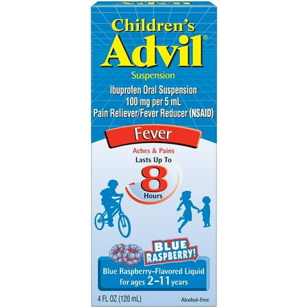 Children's Advil Liquid Suspension Fever Reducer/Pain Reliever (Ibuprofen) in Blue Raspberry Flavor 100mg 4 fl. oz.