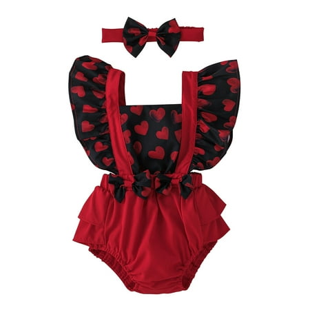 

Amuver Baby Girls Romper Set Fly Sleeve Square Neck Heart Print Bowknot Patchwork Romper with Hairband