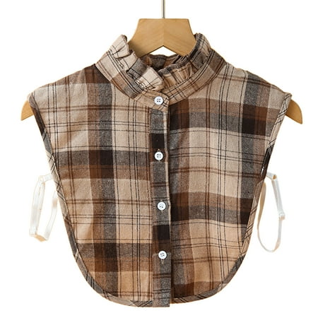 

Women Detachable Half Shirt Dickey Retro Coffee Plaid Button Blouse Fake Collar