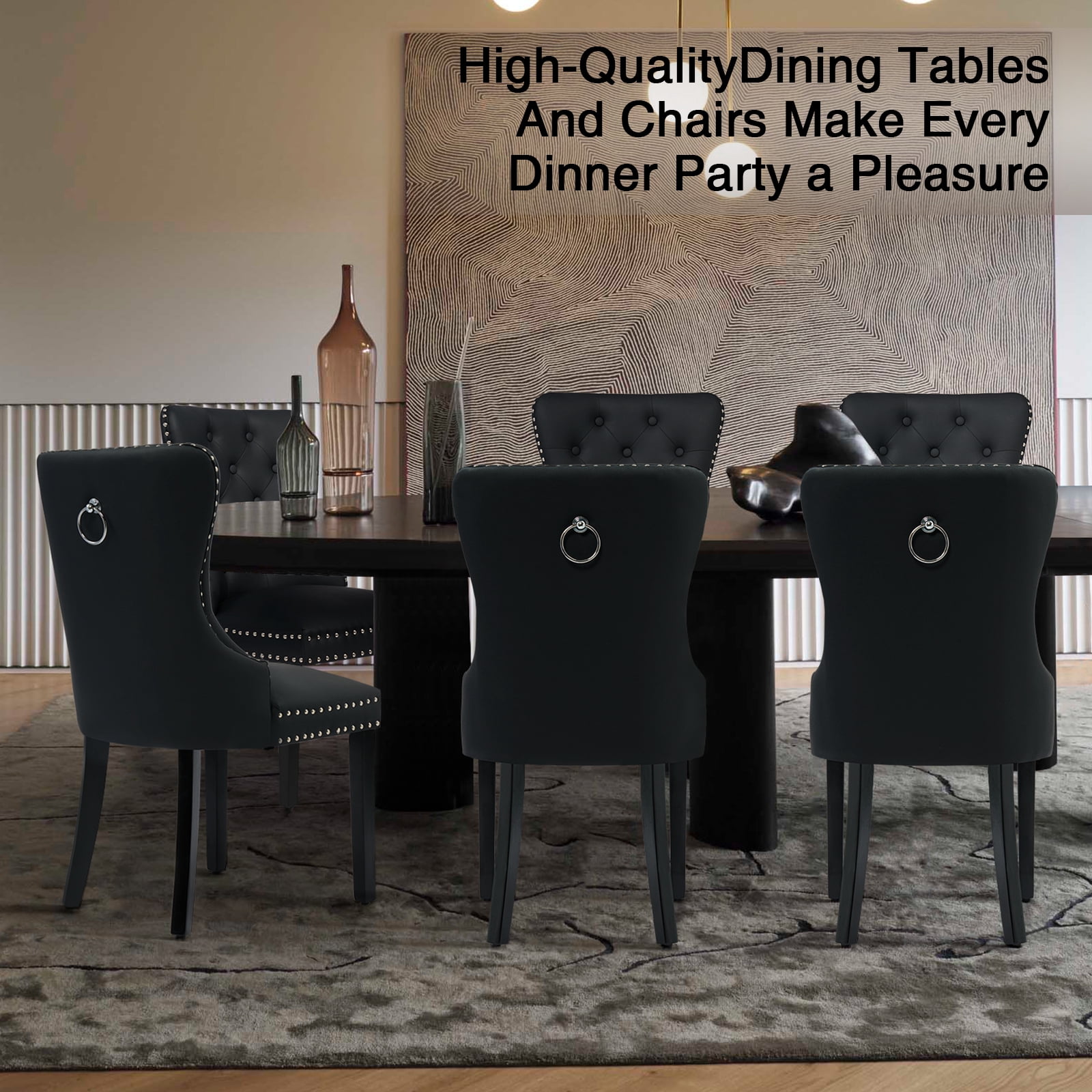 Foredo PU Leather Dining Chairs Set of 2, Tufted Upholstered Dining Room Chair with Pull Ring and Solid Wood Legs, Black