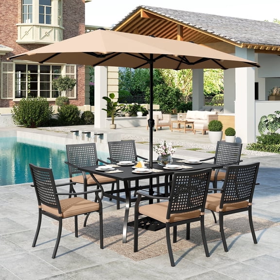SUMMIT LIVING 8-Piece Outdoor Patio Dining Set with 13 ft Umbrella, Metal Steel Rectangle Table & 6 Stackable ArmChairs with Cushions, Black & Beige