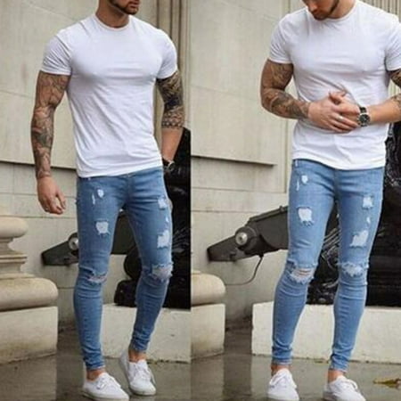 Men's Straight Denim Jeans Trousers Slim Ripped Jean Skinny Biker