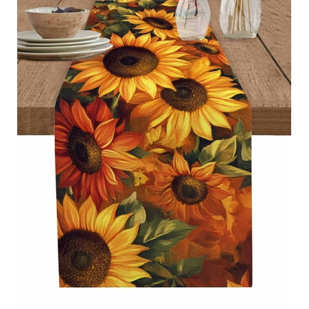 

Table Runner Dresser Scarves 108 Inch Long Watercolor Vintage Sunflower Linen Dining Table Runners Floral Leaves Oil Painting Art Tabletop Scarf for Wedding Holiday Party Kitchen
