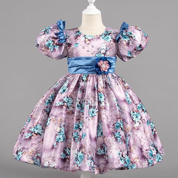 ATOGUTA Girls Tutu Dress Elegant Dress Short Sleeve A-Line Floral Midi Party Special Occasion Size 2T-10, Blue