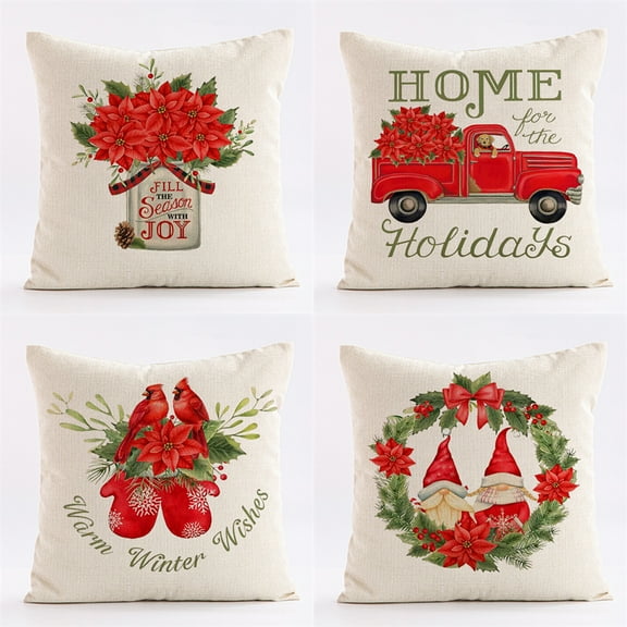Merry Christmas Throw Pillow Covers Vintage Backdrop with Red Truck Pickup Pine Tree Xmas Flower Wreath Pillow Cases Cotton Linen Winter Farmhouse Decorative Cushion Cover 18”x18”