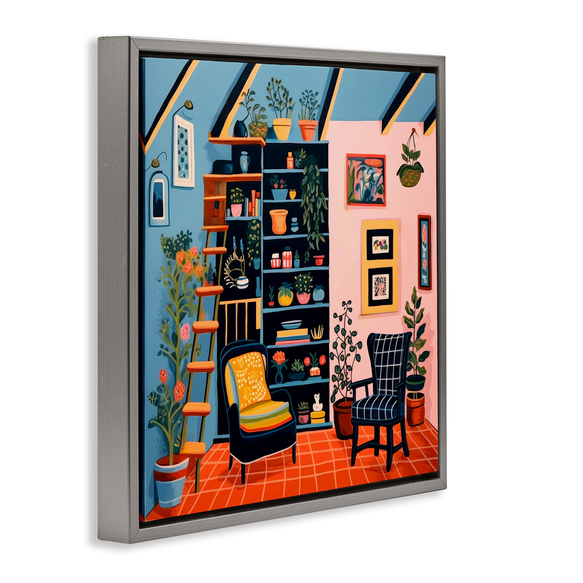 Stupell Industries Bookshelf Scene & Plants Furniture Painting Gray Floater Framed Canvas Art Print Wall Art, 18 x 18