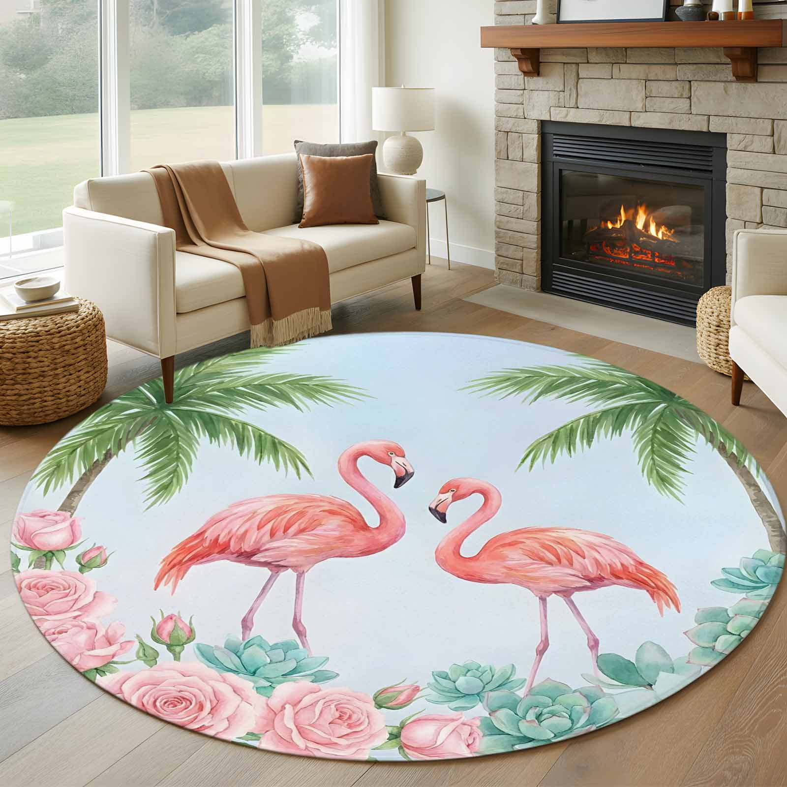Round Area Rug 5ft Coastal Flamingo Pink Rose Non-Slip Non-Shedding Floor Mat Light Blue Background Washable Sturdy Carpet for Living Room Bedroom Home Decor