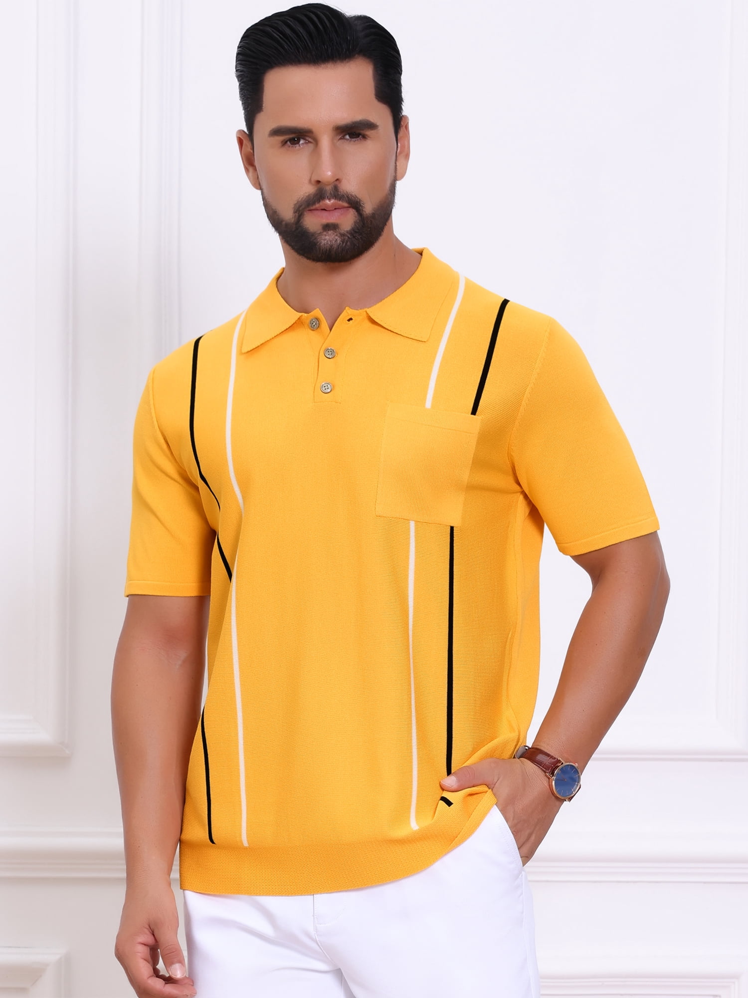 DARING DIVA Men's Striped Knit Chest Pocket Short Sleeve Vintage Golf Shirts XL Yellow