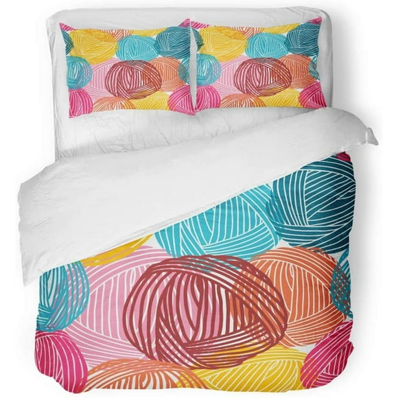 RYLABLUE 3 Piece Bedding Set Blue Hand Wool Balls Yarn Skeins Colorful Orange Alpaca Cozy Craft Crochet Hank Hat Twin Size Duvet Cover with 2 Pillowcase for Home Bedding Room Decoration
