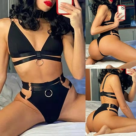 

Hwmodou Female Bra Brief Sets Spaghetti Strap Hollow Gather Patchwork Printed Suspenders 2 PCS Lingerie Set For Women