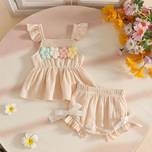 Amidoa Girls 2 Piece Outfits Summer Clothes Ruffle Sleeve Cute T-Shirt and Shorts Casual Kids Clothing Sets,Beige Size 9
