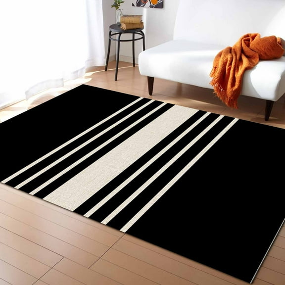 Area Rugs Indoor Non-Slip Rectangle Rug 5x7 Ft Abstract Style Black White Stripe Simple Rug Rubber Backing Floor Mats Non Shedding Home Decor Carpet for Entryway Living Room