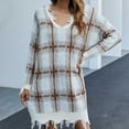thumbnail image 2 of Black and Friday Deals 2023 Cotonie Women's Check Long Sleeve V-Neck Knitted Sweater Winter Plaid Pullover Dress 2023 Trendy Casual Tops,White,M, 2 of 9