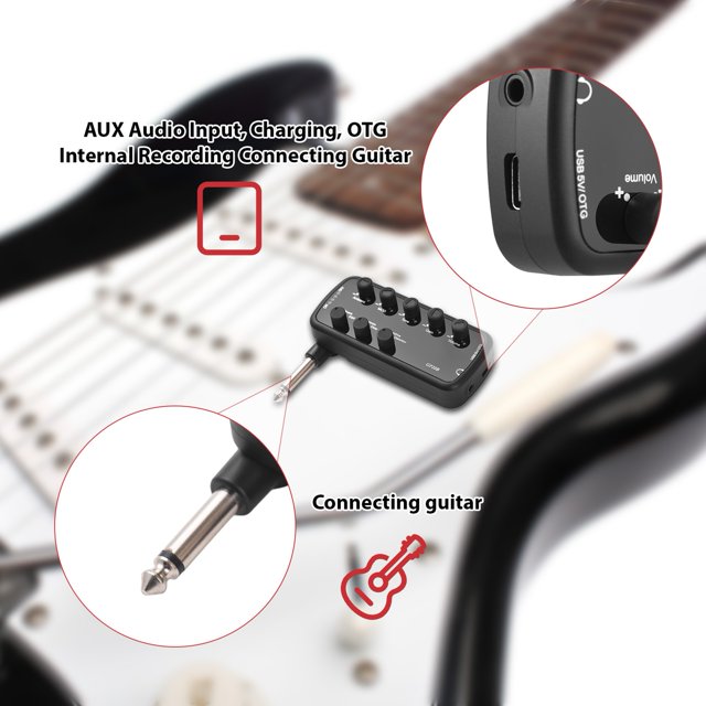 Bass Amplifier Mini Amp Portable Headphone Bass Amplifier Plug and Play for Electric Bass Musical Instrument 3 Built In Speaker Simulations OTG Internal Recording