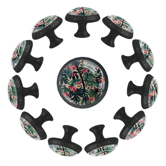 12 Pieces Tropical Flowers Pink Pattern Glass Knobs for Dresser Drawers, 1.37 x 1.10 IN Round Kitchen Cabinet Pulls For Home Office Nursery Kids Room