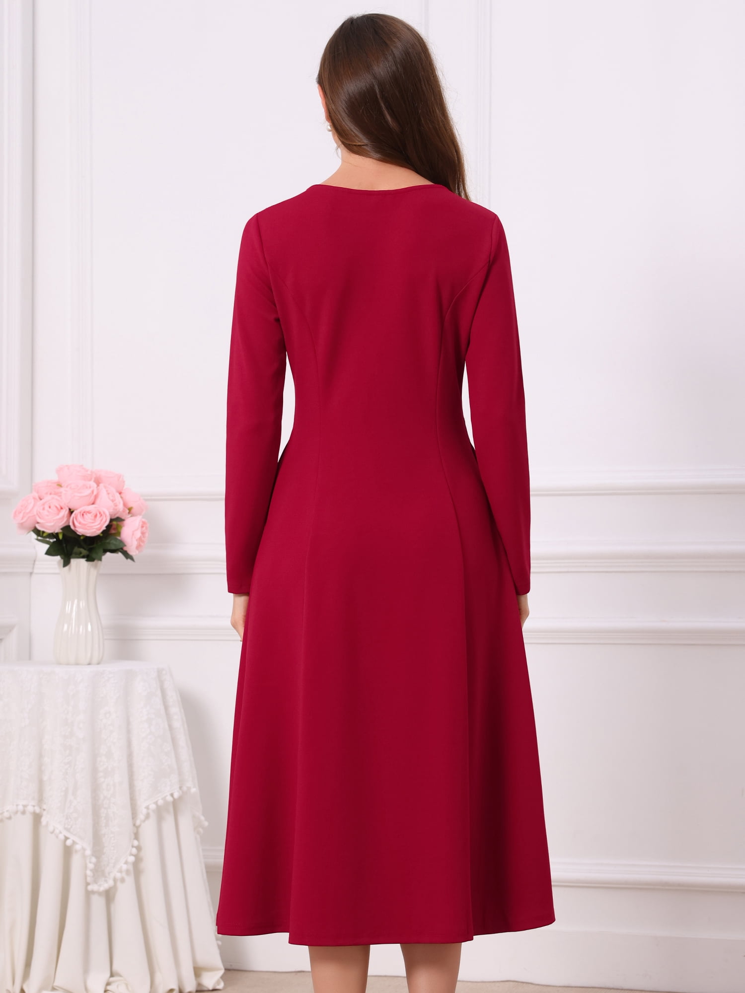 DARING DIVA Women's Long Sleeve Formal Crewneck A-Line Maxi Dress 2XL Burgundy