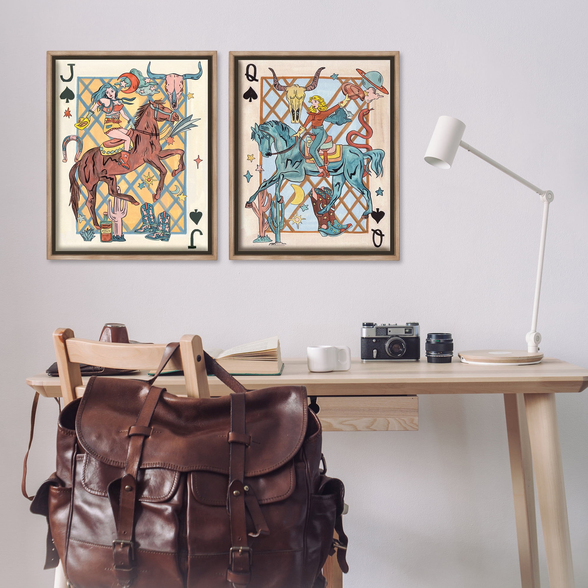 Stupell Industries Western Cowgirl Playing Cards Entertainment Painting Brown Floater Framed Canvas Art Print Wall Art, 31 x 25, Set of 2