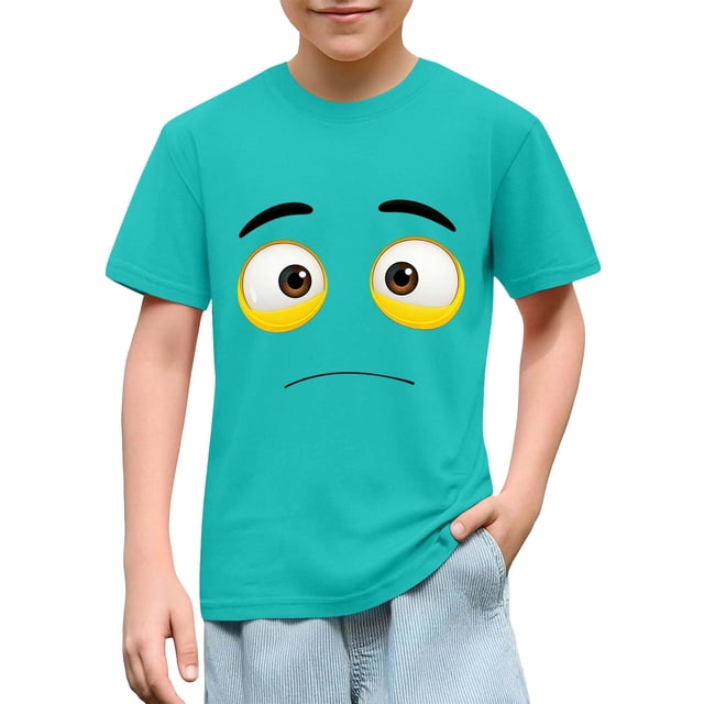 Blusas y camisas de manga corta con cuello redondo para niños y niñas, color liso, con estampado de expresión linda, manga corta, holgadas y cómodas, blusa para niña